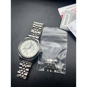 NEW Swiss  Swatch Irony MOONSTEP Silver Stainless Steel Date Dial Watch YWS406